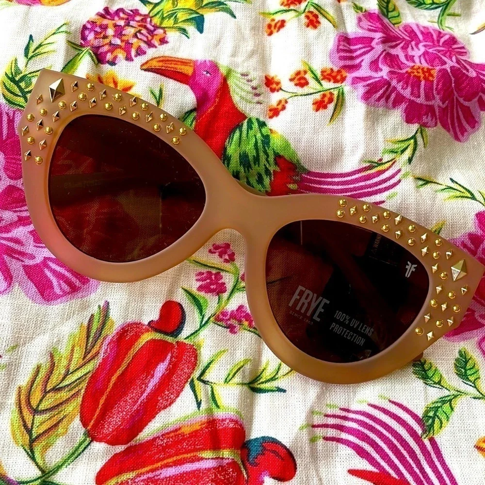 Brand New Frye Tan Matte Cateye Sunglasses w/ Gold Tone Stud Accents